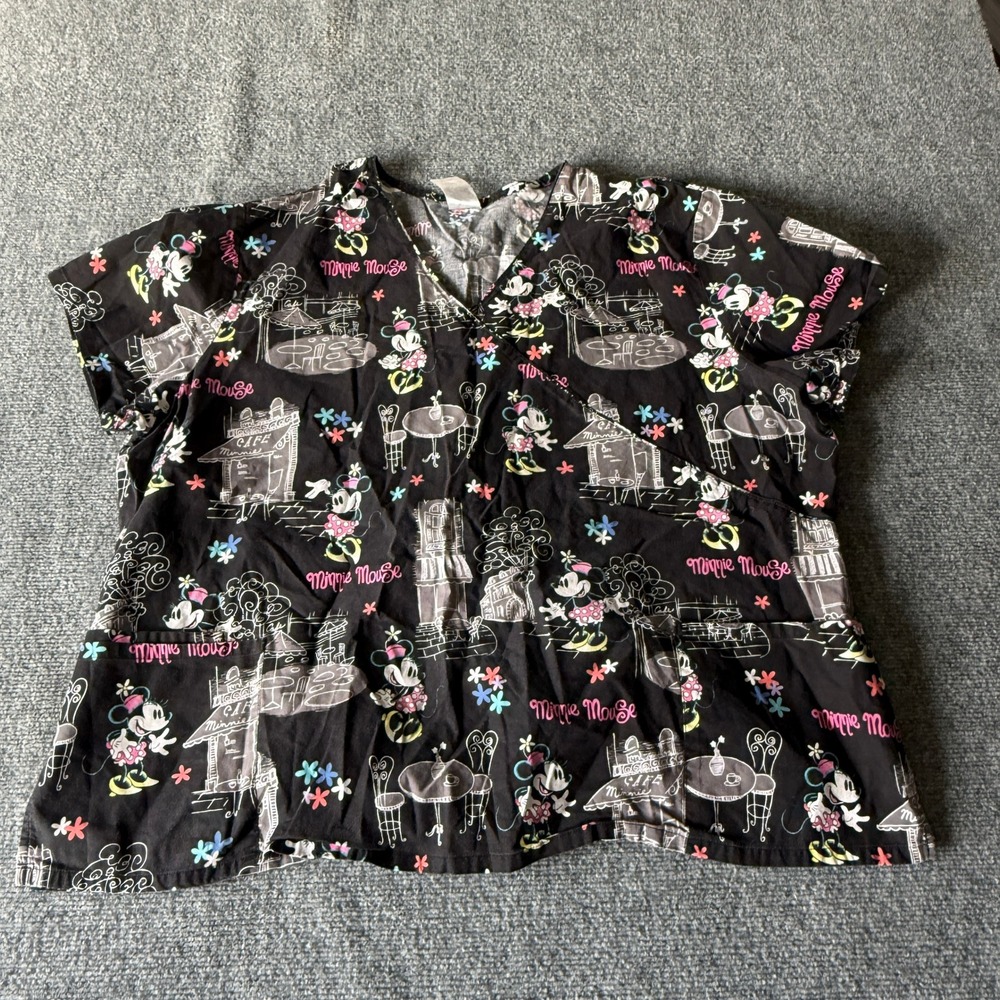 Disney Minnie Mouse Paris Cafe Scrub‎ Top Black Mock Wrap 3X RN121515